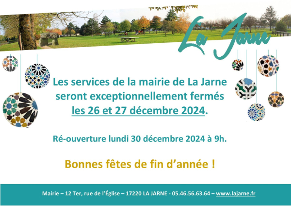 Fermeture exceptionnelle de la mairie les 26 et 27 décembre